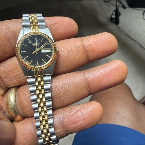 PARTS Seiko Two Tone Women’s Quartz Watch 7N83-0041 Stainless Band Black Face