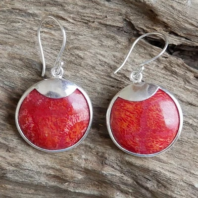 Round Red Coral Earrings 925 Sterling Silver Reversible Jewellery - EA089 - Image 1 of 4