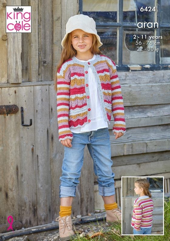 King Cole Aran Pattern 6424 Childs Cardigans 22 -30 ins 2 Designs