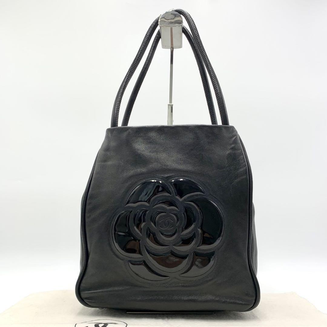 CHANEL Camellia Logo Black Lambskin Tote Bag in Excellent Condition