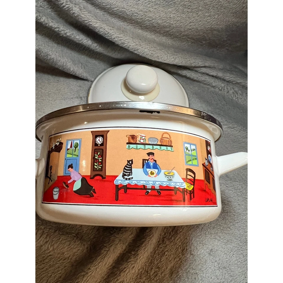 Villeroy & Boch Naif Enamel Pot w/ Lid Double Handle Folk Art Laplau Germany - Image 4 of 4