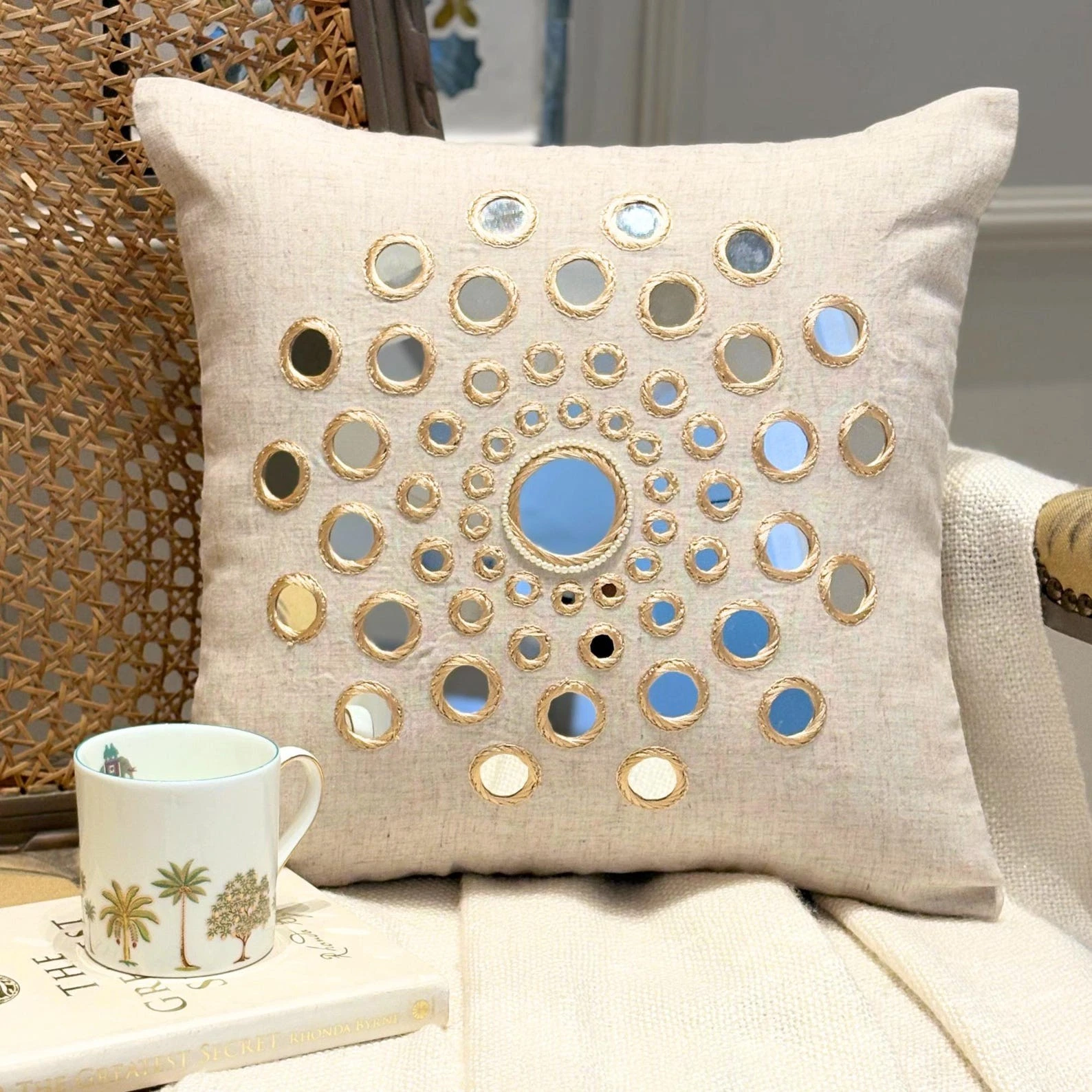 Pillow Cover Beige 16"x16", Home Decor Cotton Circles & Dots - Circle Of Life