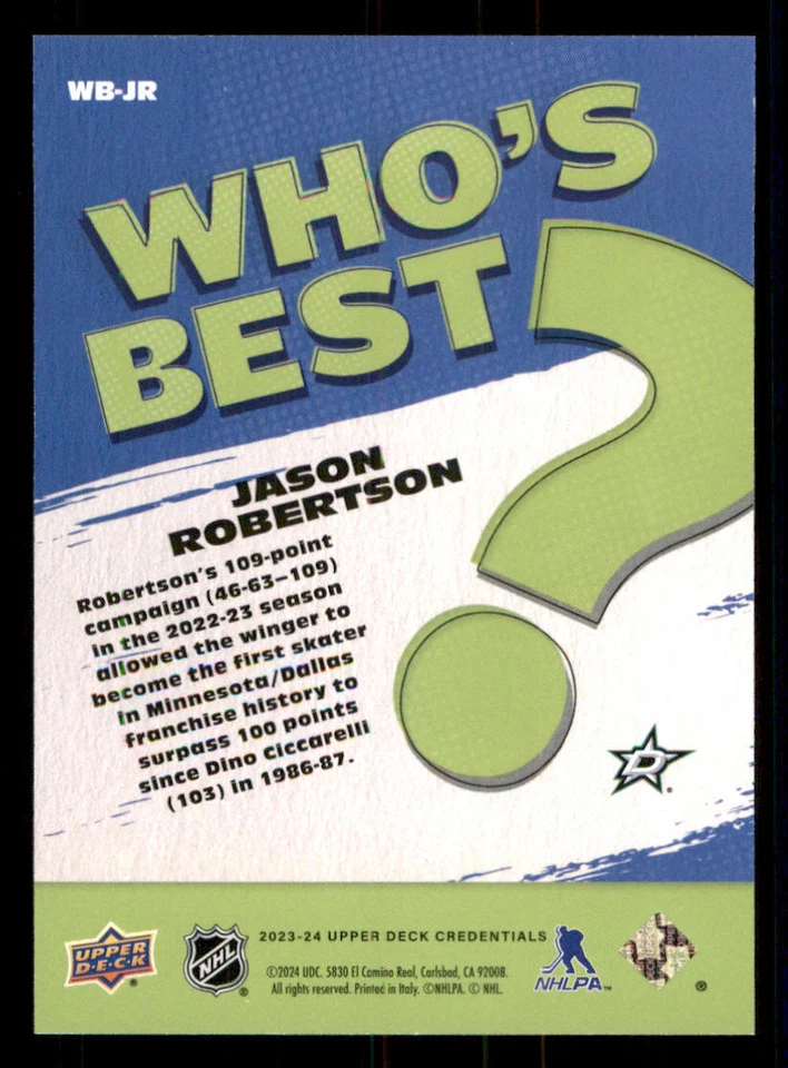 2023-24 Upper Deck Credentials Who's Best #WBJR Jason Robertson - Image 2 of 2