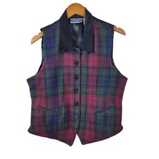 Vintage Tartan Plaid Wool Vest Sz Medium Leather Collar Dark Academia Red Green