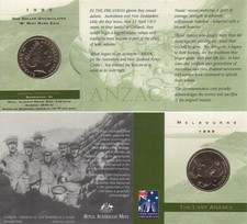1999 $1 ONE DOLLAR THE LAST ANZACS M MINT MARK UNC COIN CARD - UNFOLDED