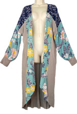 NWT teal gray floral duster long open front patchwork long sleeve yellow pockets