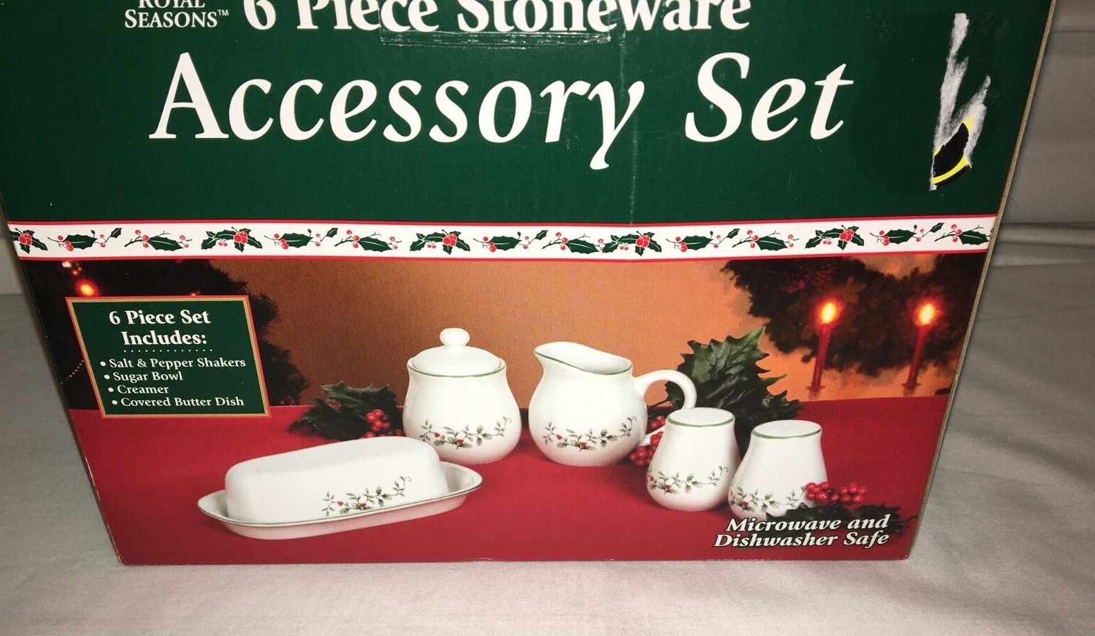 Royal Seasons Holly Berry 6pc Stoneware Accessory Set Salt Pepper Sugar