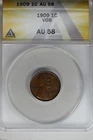1909  .01  ANACS   AU 58  VDB   Lincoln Head Cent,  Lincoln One Cent