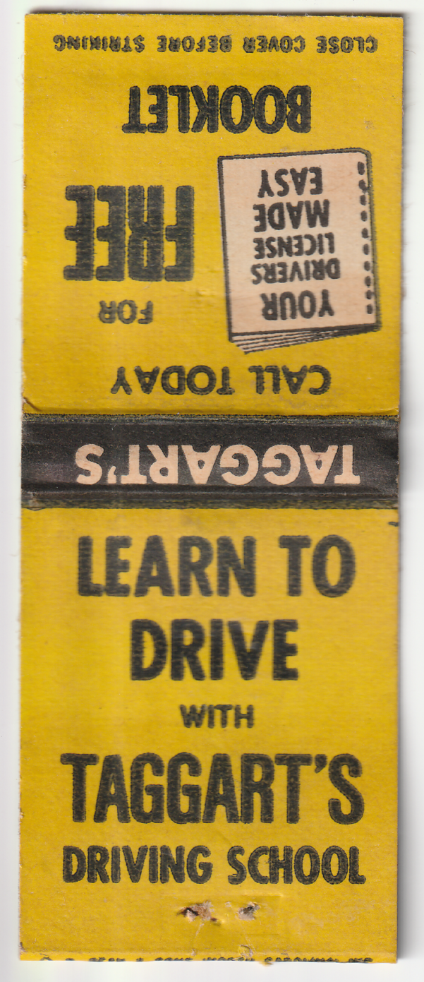 1970s 80s Vintage TAGGART’S DRIVING SCHOOL Matchbook