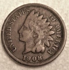 1908 INDIAN HEAD CENT. Below fine condition. PARTIAL LIBERTY, STRONG CLEAR DATE