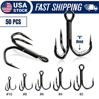 50PCS Fishing Treble Hooks - 3X Strong Triple Hooks High Carbon Steel Bass Pike