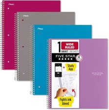 Five Star Spiral Notebook Study App, 4 Pack, 1 Subject, Wide Ruled Paper, 8" x