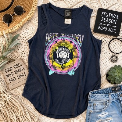 Y2K Psychedelic Graphic Tank Top Womens M Boho Festival Hippie Distressed Retro