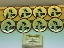 😸Vintage / Mid Century Set of (8) Eti-Ket Tin Litho Novelty Kitty Cat Coasters