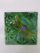 Dragonfly Fused Glass Tile Green Glass Art 6inch 