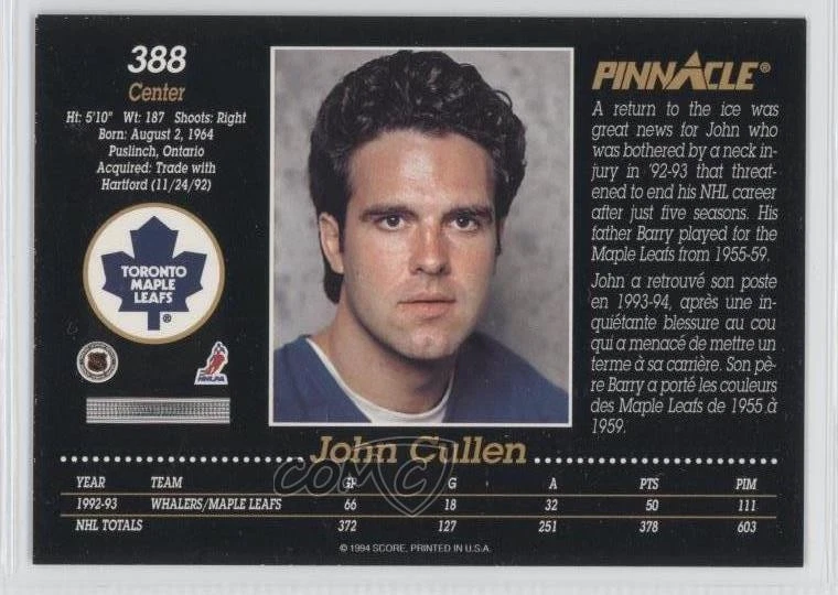 1993-94 Pinnacle French John Cullen #388 - Image 2 of 2