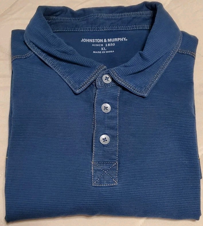 Johnston Murphy Polo Shirt Mens XL Navy Blue Striped Short Sleeve 100% Cotton