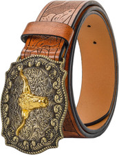 Western Pu-Leather Cowboy Buckle Belt for Men and Women Jeans Engraved Floral Lo