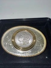 Montana Silversmiths Silver plated With 1889 Morgan Coin Belt Buckle Nice! B4