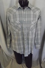 Vintage Western Frontier Men's Pearl Snap Long Sleeve Grey Plaid Shirt Size L