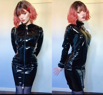 Misfitz schwarzes PVC Vorhängeschloss abschließbares Kleid, Zwei-Wege-Reißverschluss. GR 24.  CD Goth Fetisch