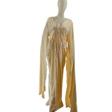 VTG Style Champagne Rhinestone Satin Maxi Gown | Cape Sleeves | Hand Embellished