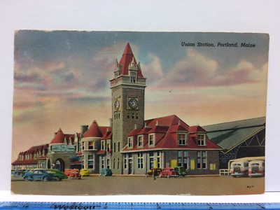 Postcard  Union Train Station Portland Maine ME Vintage Cars