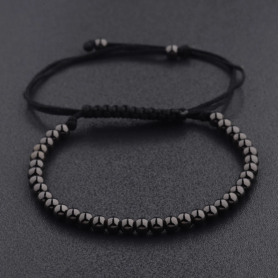 Hombres Negro Micro Pavé 4MM Bolas Cuentas Trenzado Ajustable Dije Pulsera Hecha a Mano Foto 4 de 4