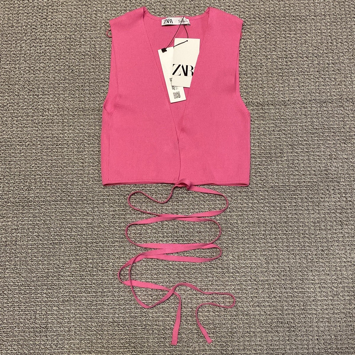 ZARA Top Womens Large Barbie Pink Ribbed Knit Wrap Cropped Sleeveless Size L
