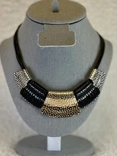 Fashion Necklace Choker Statement Collar Black Layer Cord Hammered Gold SilverTn
