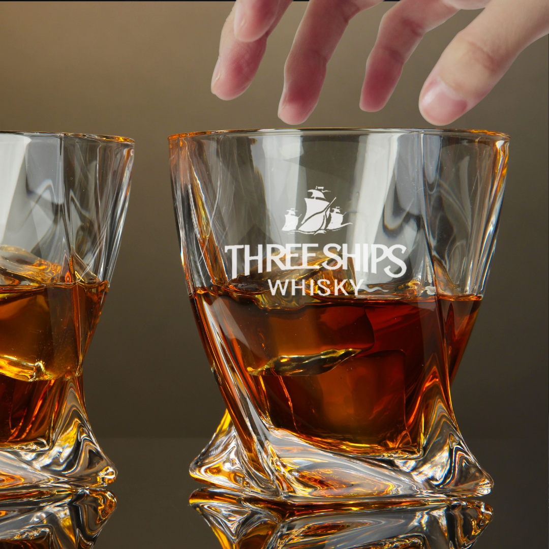 Custom Engraved Three Ships Whisky Glass – 10 oz Twisted Rocks Glass-image