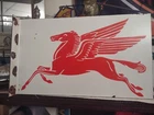 VINTAGE MOBIL MOBILOIL GASOLINE PEGASUS MOTOR OIL PORCELAIN METAL FLANGE SIGN