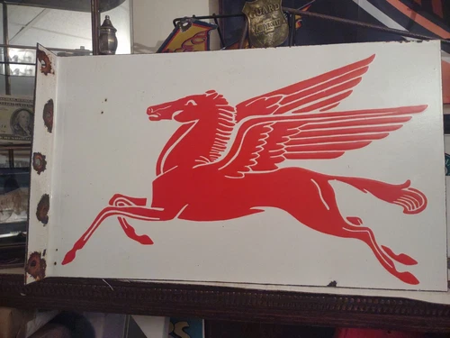 VINTAGE MOBIL MOBILOIL GASOLINE PEGASUS MOTOR OIL PORCELAIN METAL FLANGE SIGN