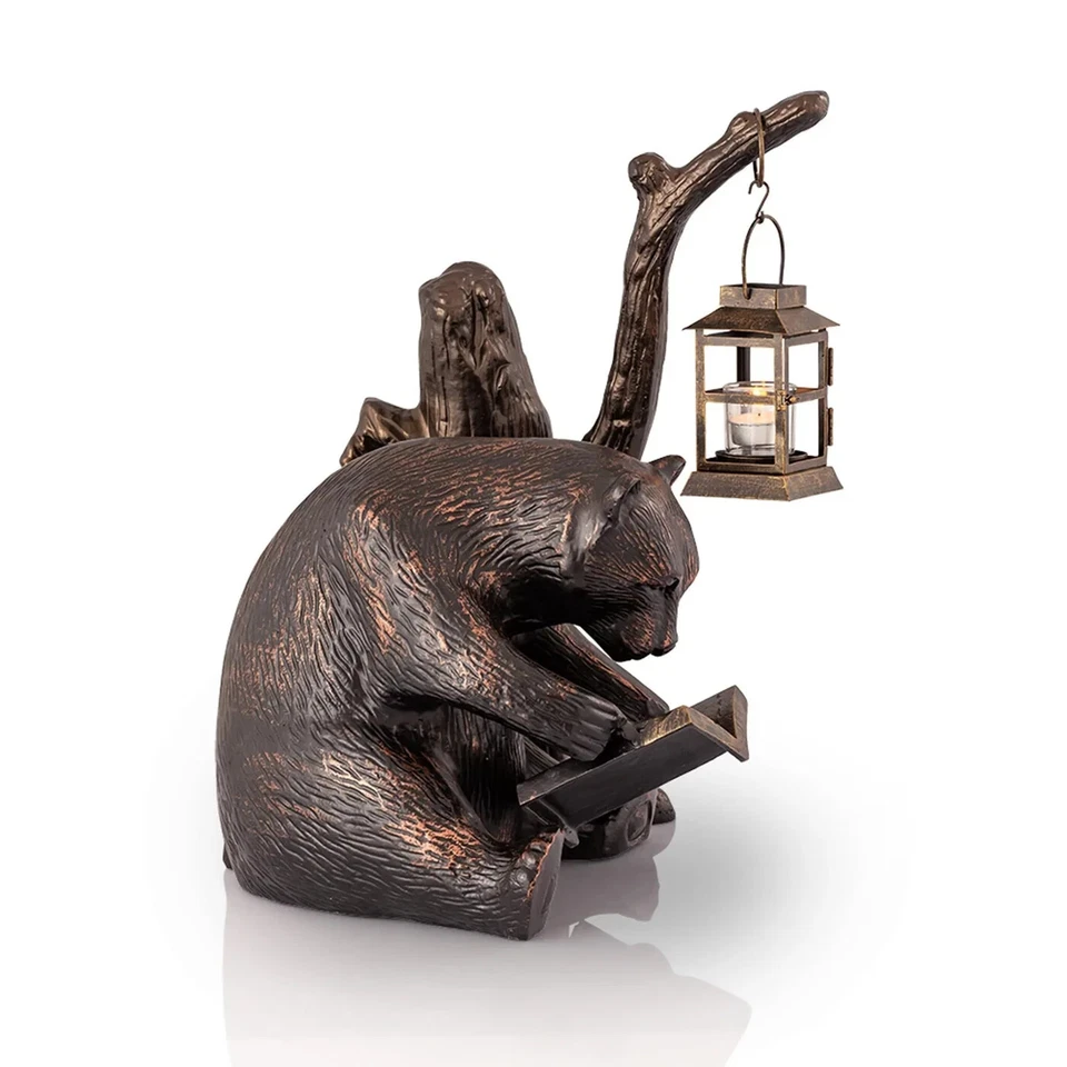 Linda linterna de vidrio de jardín oso amante de los libros de hierro de aluminio marrón oscuro Foto 4 de 4