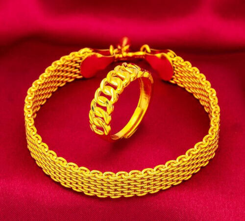 24K THAI BAHT YELLOW GOLD GP  Bracelet+Ring For Women - Picture 1 of 5