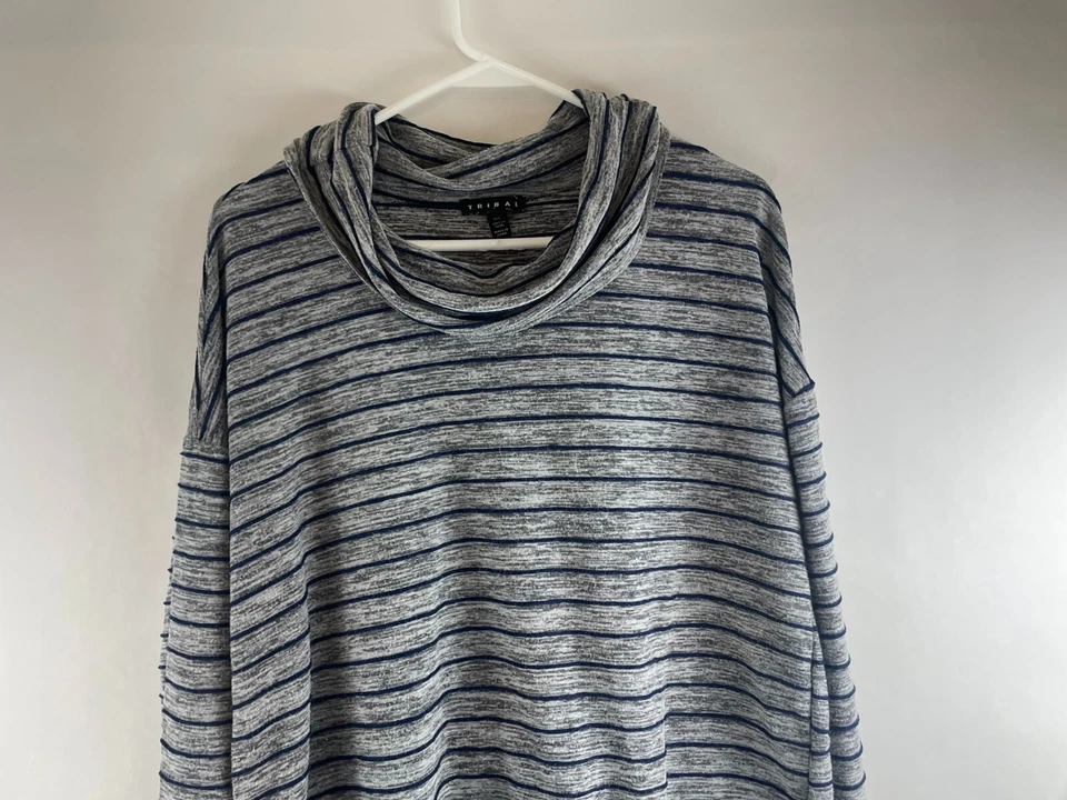 Tribal Shirt Women's Size Large Gray Heather Blue Stripes Cowl Neck Long Sleeve - Image 3 of 4