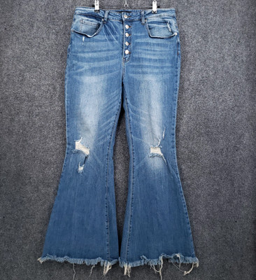 Risen Paisley Jeans Womens 1XL Plus Blue Distressed High Rise Button Fly Raw Hem