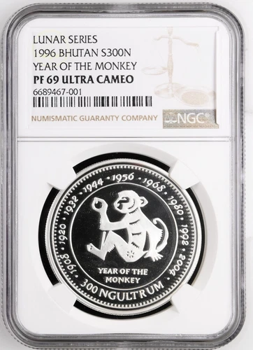 1996 Bhutan Silver Proof 300 Ngultrums Coin Year of the Monkey NGC PF 69 UC
