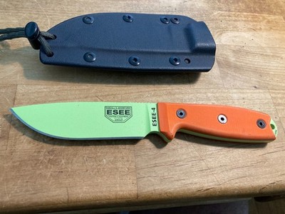 ESEE Model 4 Plain Edge Venom Green/ Orange Handle Knife + Sheath 4PVG