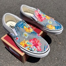 Tropical Floral Hibiscus Flower on Grey Slip On Vans for Men and Women
