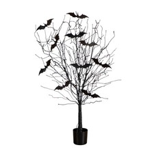 4' Pre-Lit Artificial Halloween Black Twig Tree with Bats and Orange LED Lights