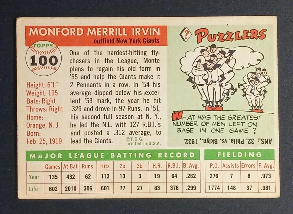 1955 Topps #100 Monte Irvin NY GIANTS HOF EX - Image 2 of 2