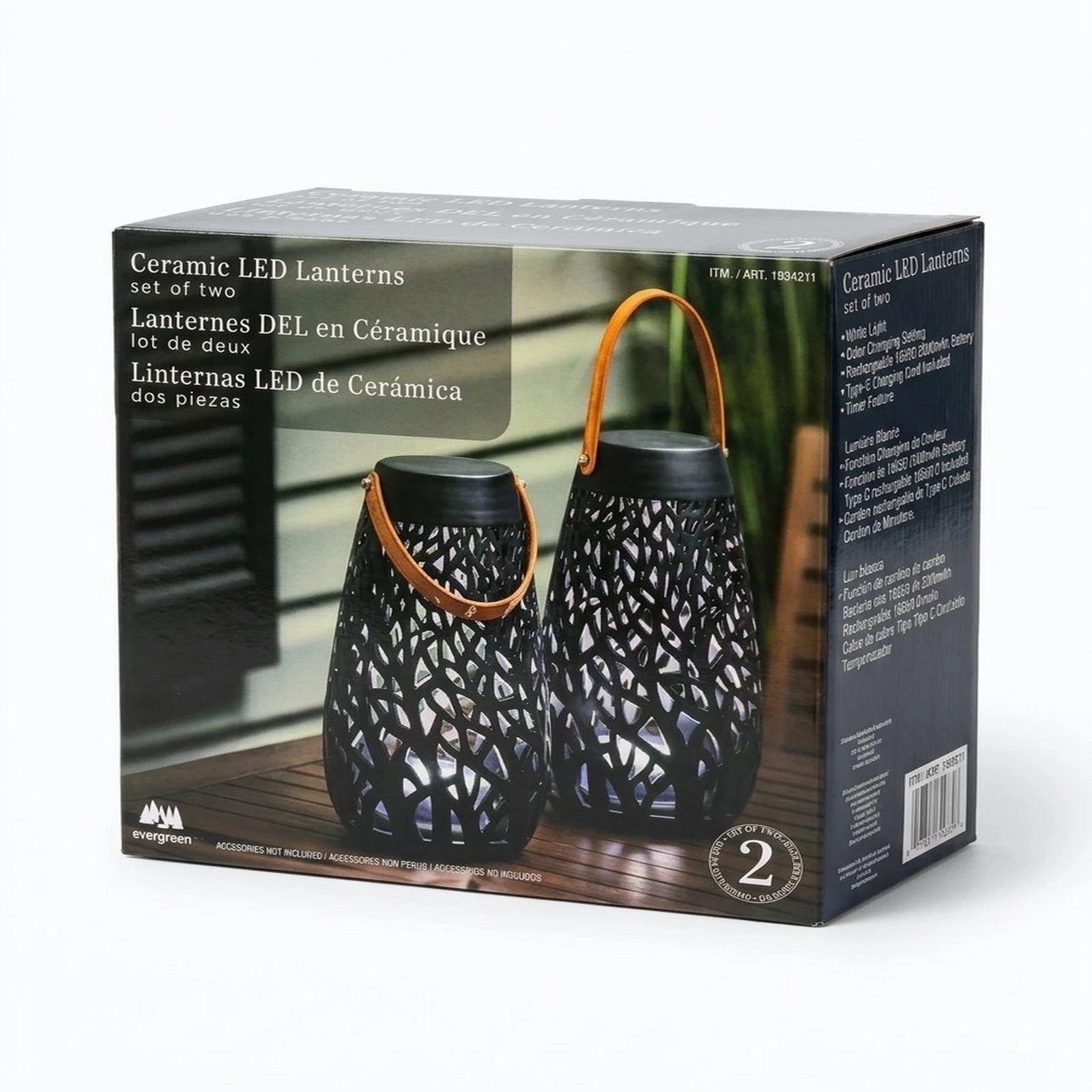 Evergreen Ceramic LED Lantern Black 2 Pack Rechargeable Colour Changing