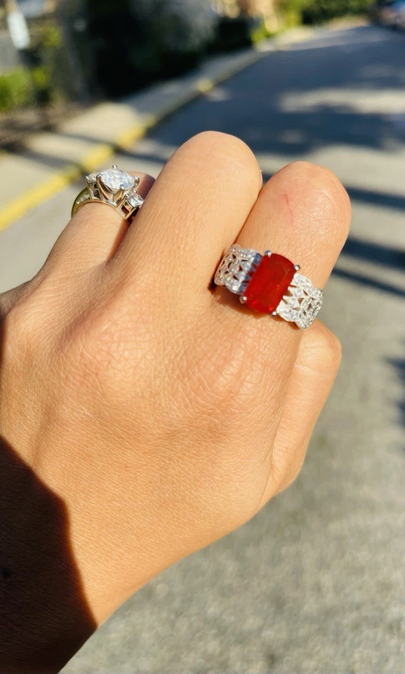 2 Carat FIRE OPAL Ring with DIAMOND Accent In PLATINUM Size 8  10.9 Grams   - Image 2 of 4