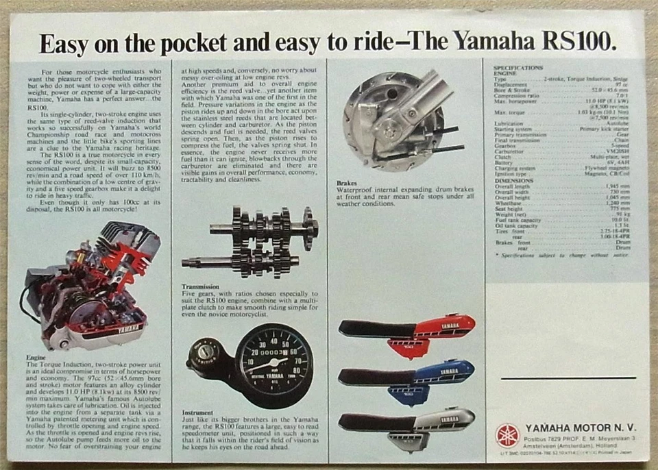YAMAHA RS100 MOTORCYCLE Sales Specification Leaflet c1978 #LIT 3MC-02070104-78E - Image 2 of 2