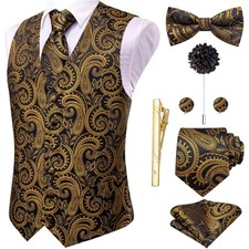 Silk Mens Suit Vest Tie and Bowtie Lapel Pin Gold Tie XX-Large Black and Gold