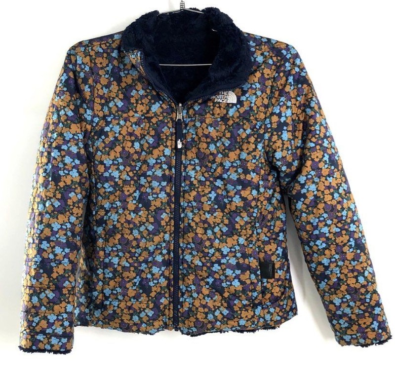 The North Face Girl's Mossbud Swirl Reversible Jacket Floral Navy Orange Sz M