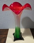 Large Murano Glass Trumpet Morning Glory Vase w Vibrant Green to Poppy-Orange