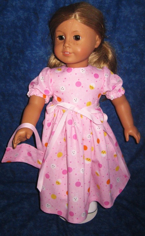 Fits 18" American Girl Doll -Easter Bunny Dress in Pink with Ribbon and Purse