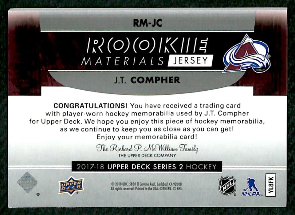 2017-18 Upper Deck Materials J.T. Compher Rookie Jersey #RM-JC Colorado - Image 2 of 2